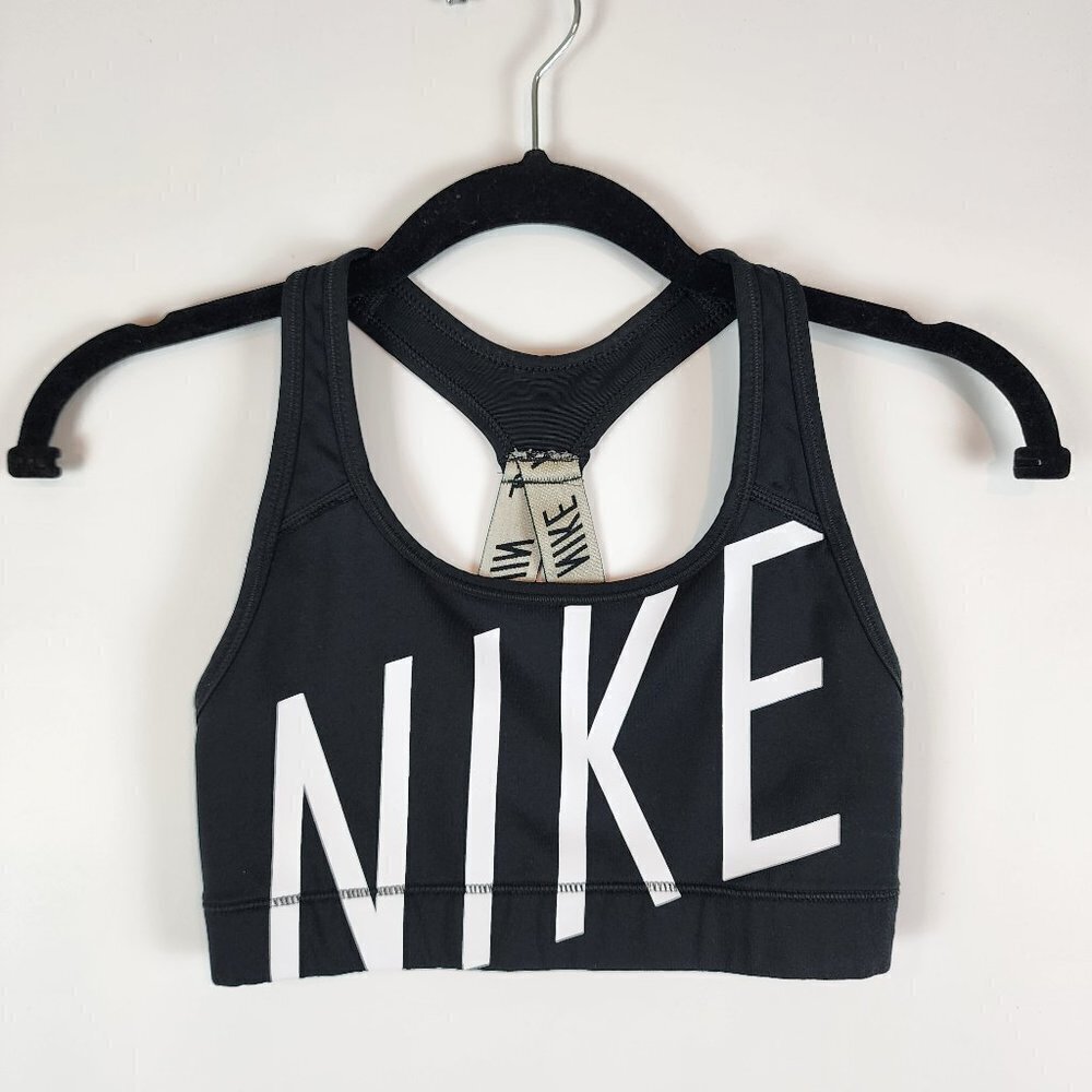 Nike Racerback Crisscross Strappy Sports Bra Black White LOGO Front sz XS - Picture 3 of 11